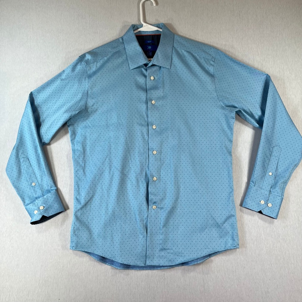 Egara Shirt Mens Large Light Blue Micro Dot Non Iron Slim Fit Dress Preppy